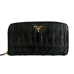 Prada Materazse Gather Nappa Leather Round Zip Long Wallet Black